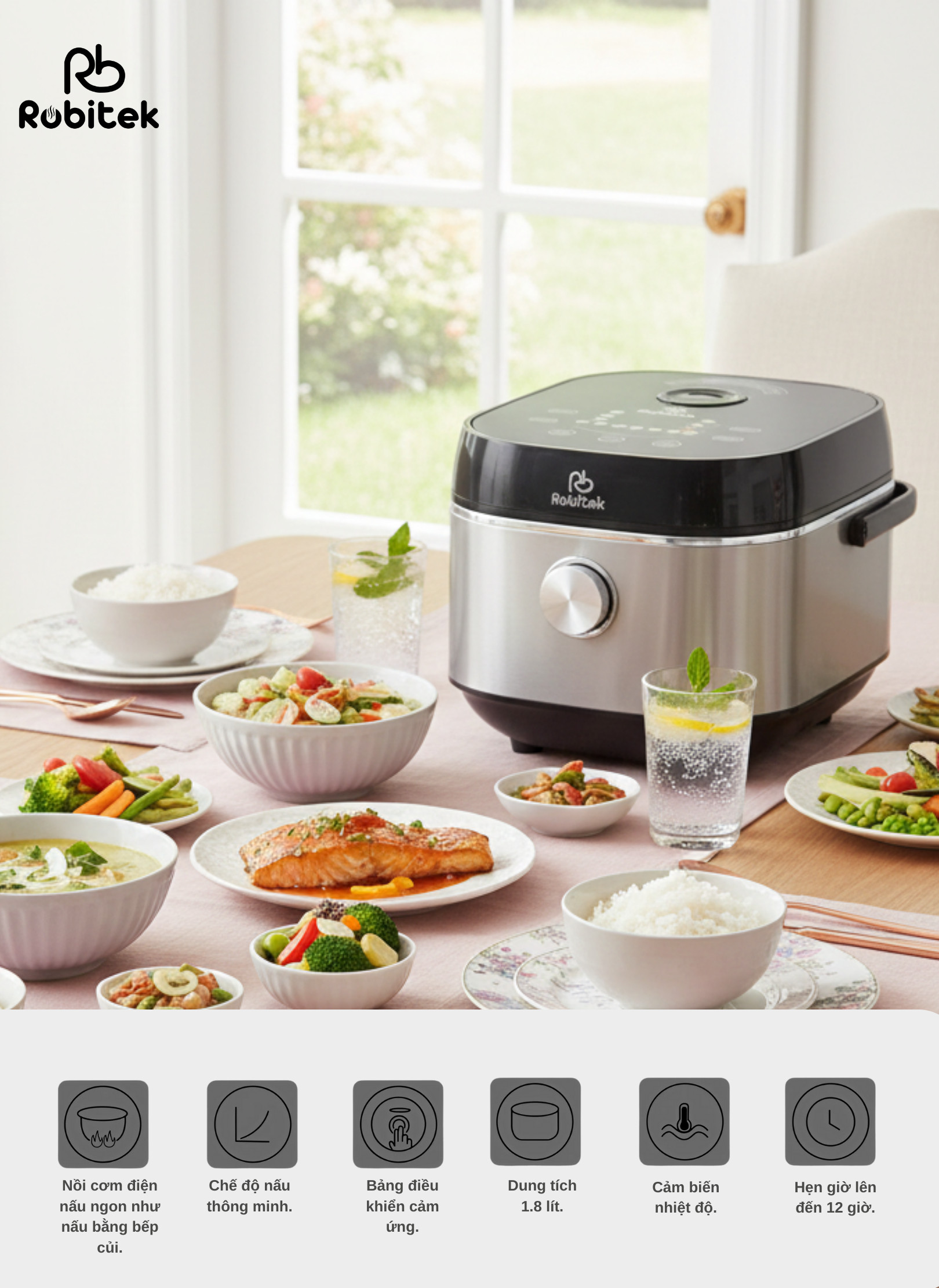 NỒI CƠM ĐIỆN LÒNG INOX ROBITEK RC18 COLOR – DUNG TÍCH 1.8L – NẤU CƠM TÁCH ĐƯỜNG, NỒI CƠM 14 CHỨC NĂNG
